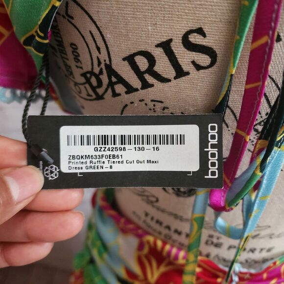 Boohoo Maxi Dress Womens 4 Floral Printed Ruffle Tiered Cut Out Dress Festival - Picture 5 of 16